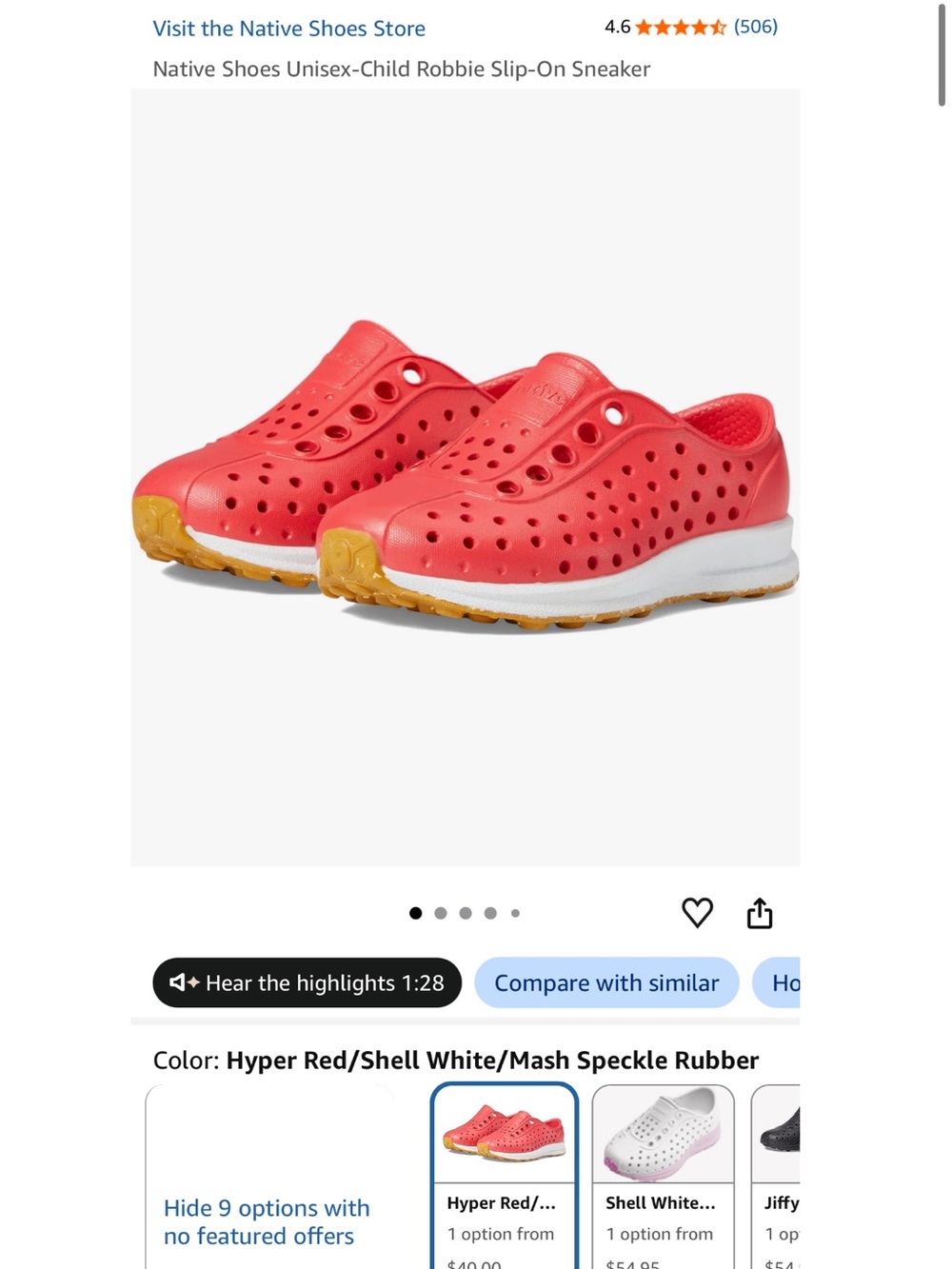 Native Toddler Shoes Slip-On Sneakers in Hyper Red with Yellow Outsole